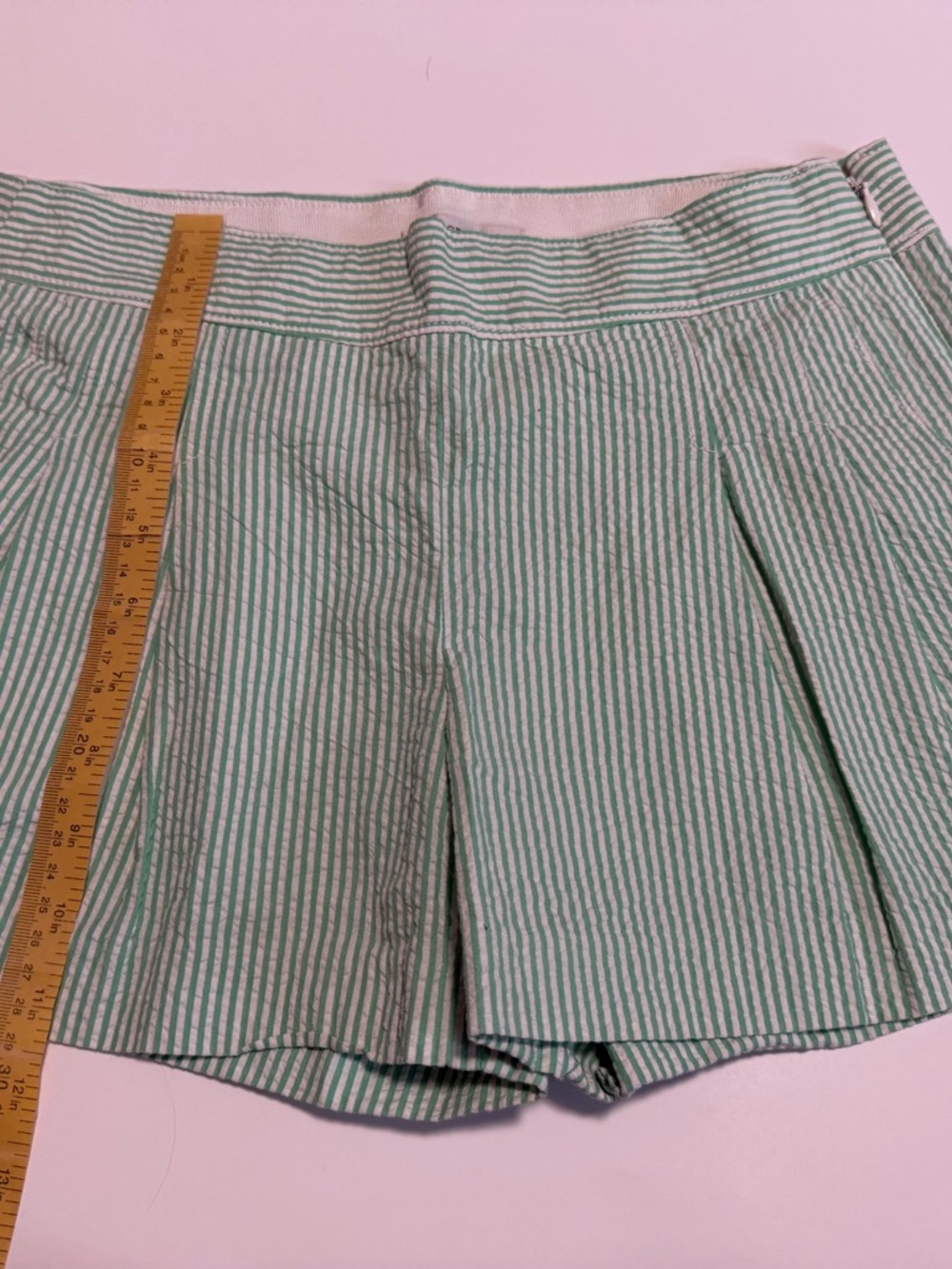 J. Crew Green and White Striped High-Waist Shorts